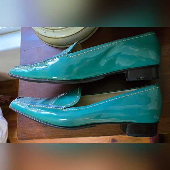PRADA teal- turquoise patent leather penny loafers odd square toe! sz 38.5 - Picture 5 of 9